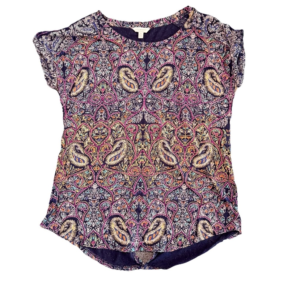 Lucky Brand Woman's M Paisley Print Round Neck Blue Green Shirt